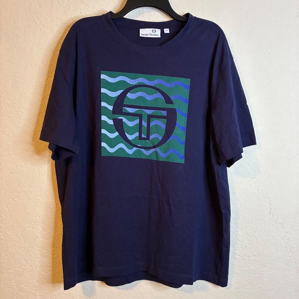 Sergio Tacchini Mens 2XL Navy Blue Graphic Logo Wavy Print Cotton T-Shirt